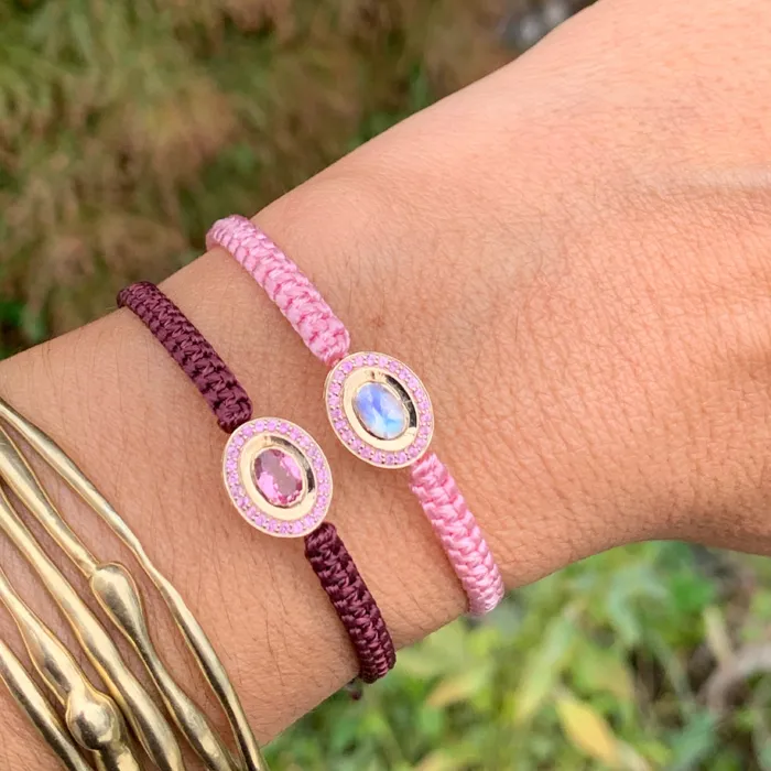 Rainbow Moonstone and Pink Tourmaline braided bracelet in 10k yellow gold Emily Amey Jewelry Bracelets