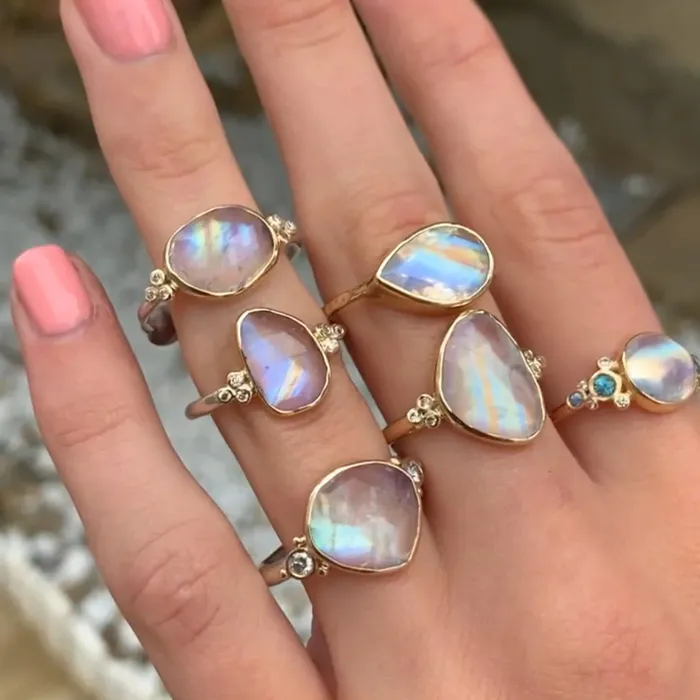Rings Emily Amey Jewelry Moonstone With Brilliant white Diamonds Ring in 14k gold and sterling silver