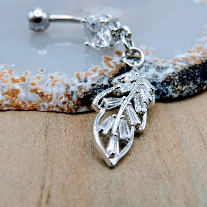 Rings Siren Body Jewelry Feather dangle belly button piercing ring 14g clear cz gemstones silver 316L stainless steel Rings Siren Body Jewelry Feather dangle belly button piercing ring 14g clear cz gemstones silver 316L stainless steel