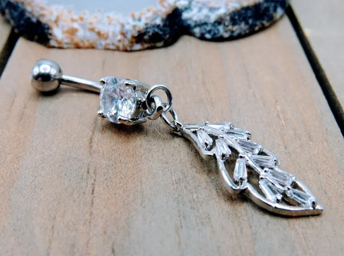 Rings Siren Body Jewelry Feather dangle belly button piercing ring 14g clear cz gemstones silver 316L stainless steel