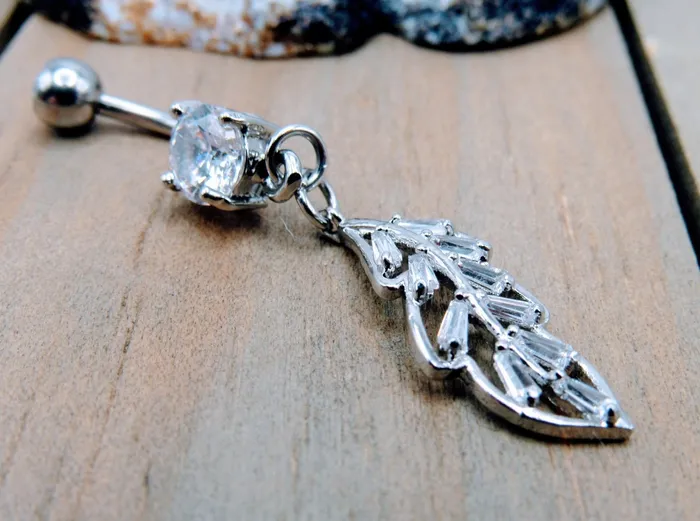 Rings Siren Body Jewelry Feather dangle belly button piercing ring 14g clear cz gemstones silver 316L stainless steel