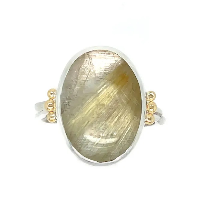 Rutilated Quartz Cabochon Ring in sterling silver with gold beads Emily Amey Jewelry Rings Rutilated Quartz Cabochon Ring in sterling silver with gold beads Emily Amey Jewelry Rings