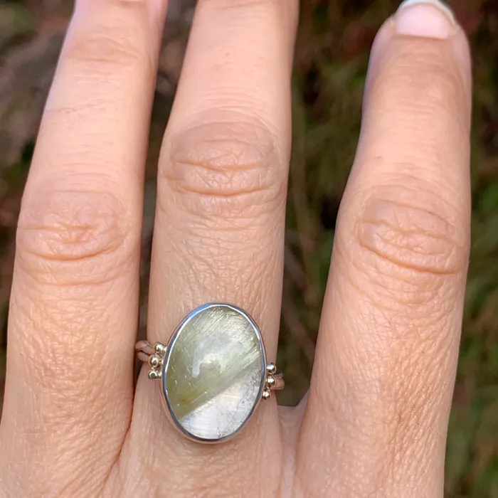 Rutilated Quartz Cabochon Ring in sterling silver with gold beads Emily Amey Jewelry Rings