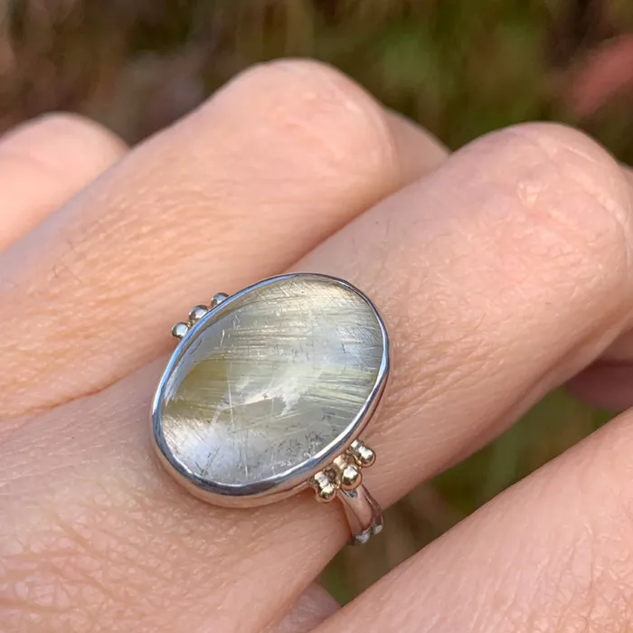 Rutilated Quartz Cabochon Ring in sterling silver with gold beads Emily Amey Jewelry Rings