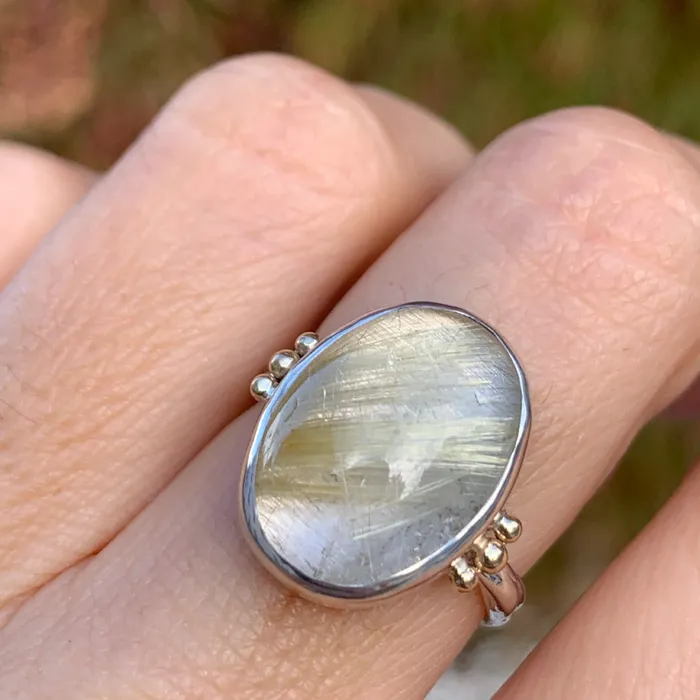 Rutilated Quartz Cabochon Ring in sterling silver with gold beads Emily Amey Jewelry Rings