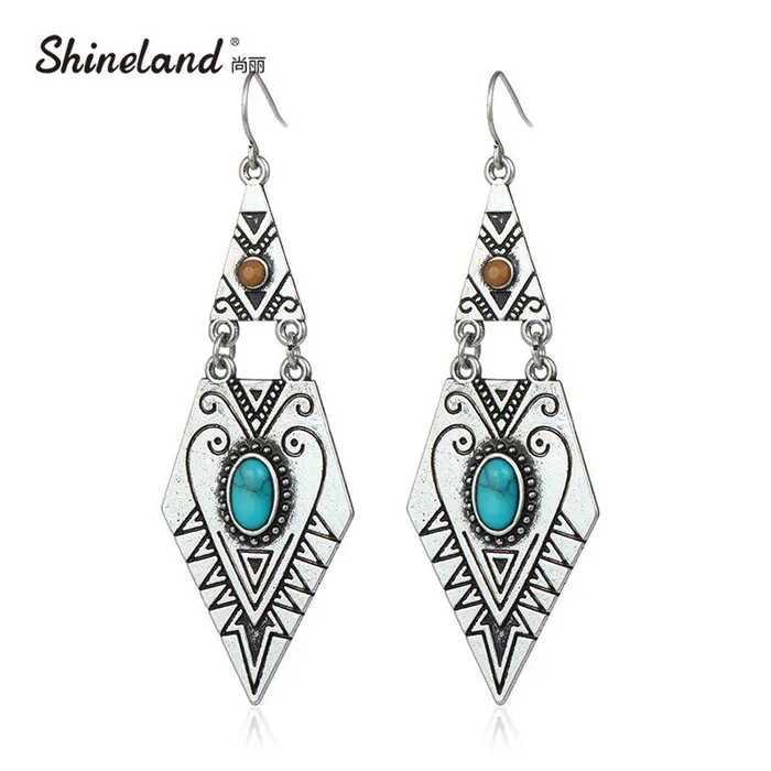 sparklingselections Earrings Geometric Craved Blue Stone Tibetan Long Ethnic Earrings sparklingselections Earrings Geometric Craved Blue Stone Tibetan Long Ethnic Earrings