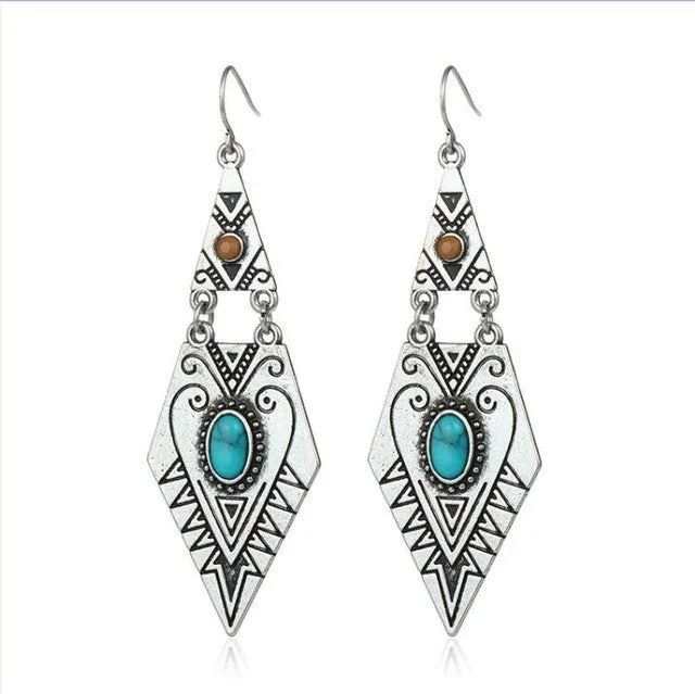 sparklingselections Earrings Geometric Craved Blue Stone Tibetan Long Ethnic Earrings sparklingselections Earrings Geometric Craved Blue Stone Tibetan Long Ethnic Earrings