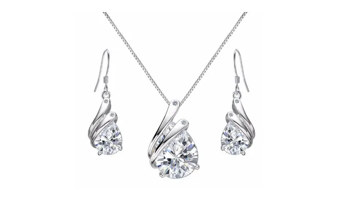 sparklingselections Sterling Silver Teardrop Bridal Necklace Earring Set Earrings sparklingselections Sterling Silver Teardrop Bridal Necklace Earring Set Earrings