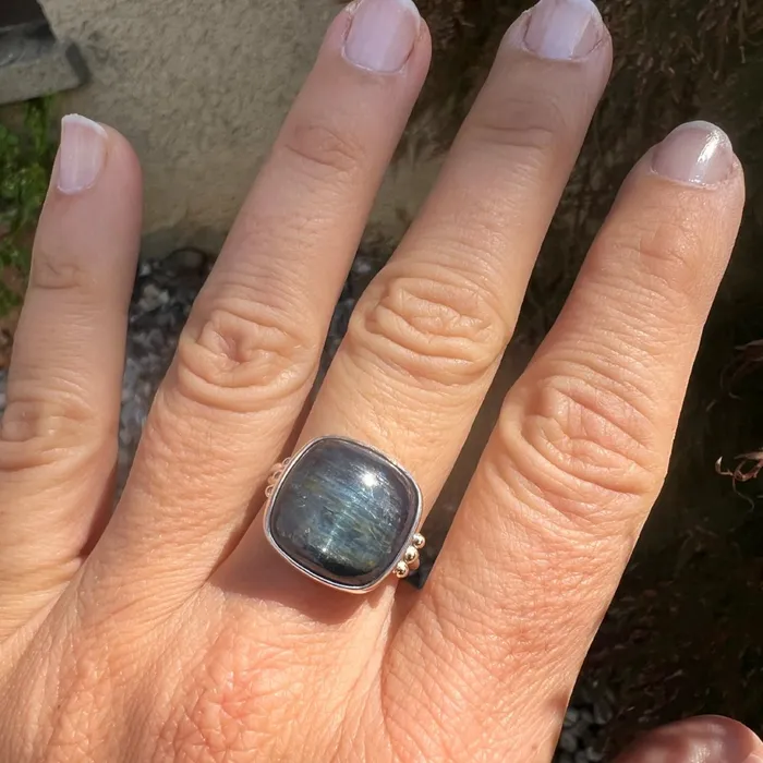 Sterling Silver Kyanite Cocktail Ring with 14k gold Beads Emily Amey Jewelry Rings