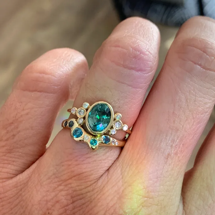 Summer Skies Octopus Band with Blue Zircons And Diamonds in 14k gold Emily Amey Jewelry Rings