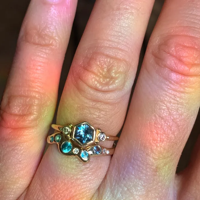 Summer Skies Octopus Band with Blue Zircons And Diamonds in 14k gold Emily Amey Jewelry Rings