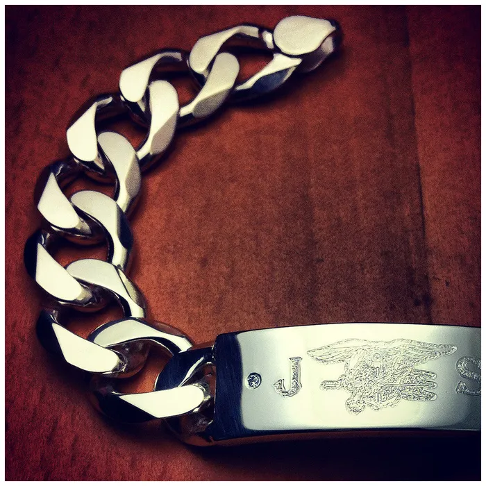 Bracelets Engravable Mens 400 Gauge Sterling Silver Cuban Link Diamond ID Bracelet 15 mm Sandy Steven Engravers