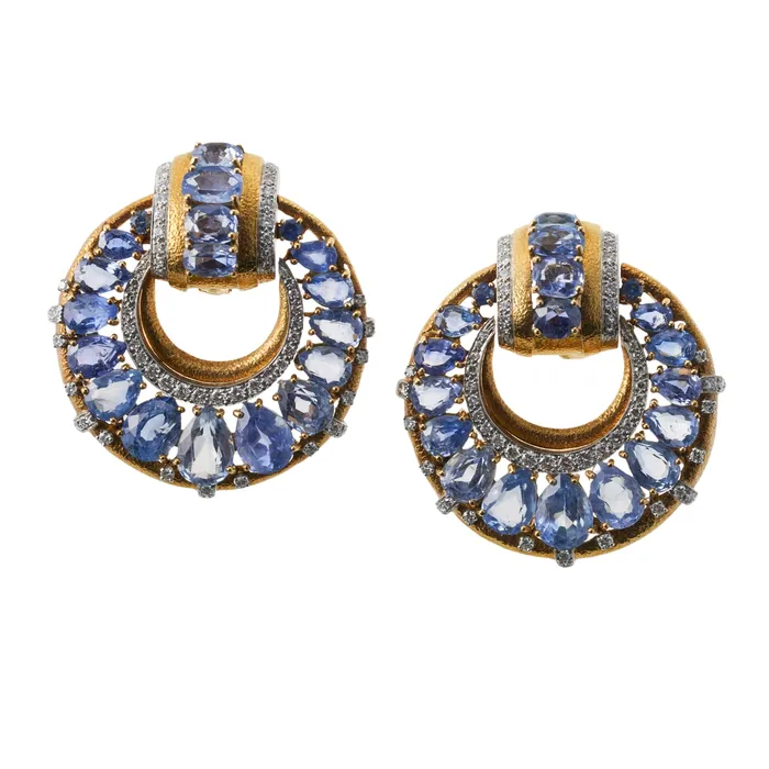 David Webb Earrings David Webb Vintage Gold Diamond Sapphire Door Knocker Earrings David Webb Earrings David Webb Vintage Gold Diamond Sapphire Door Knocker Earrings
