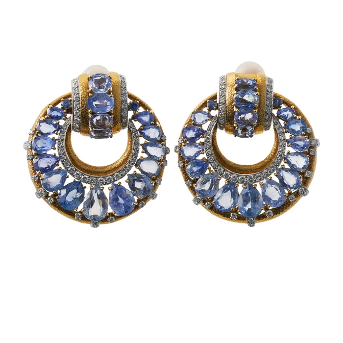David Webb Earrings David Webb Vintage Gold Diamond Sapphire Door Knocker Earrings
