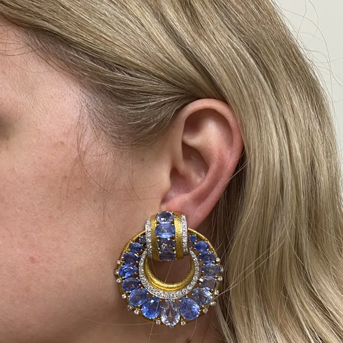 David Webb Earrings David Webb Vintage Gold Diamond Sapphire Door Knocker Earrings